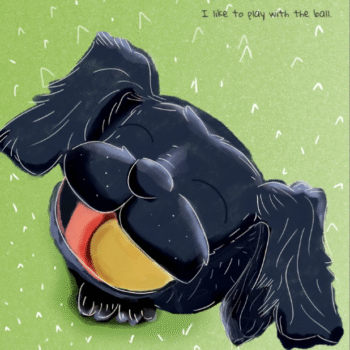Ilustración de personaje canino de libro infantil, dibujo de Gabriela Garay